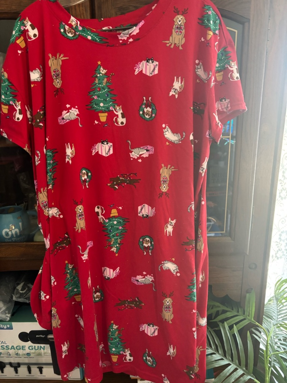 Red Holiday Print T-Shirt Dress with Christmas Motifs